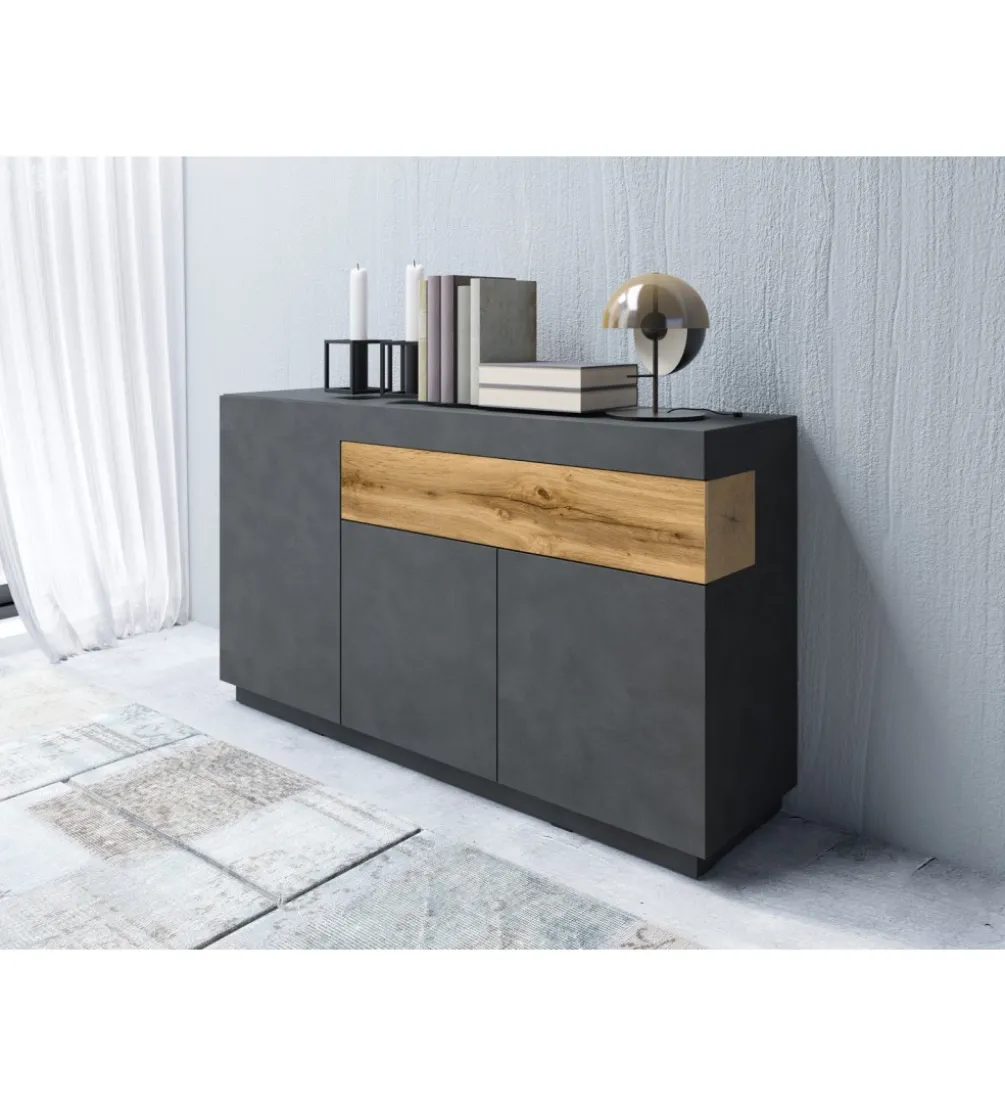 Komoda SILKE 150 Cm Antracytowa z dodatkiem koloru Dąb Wotan