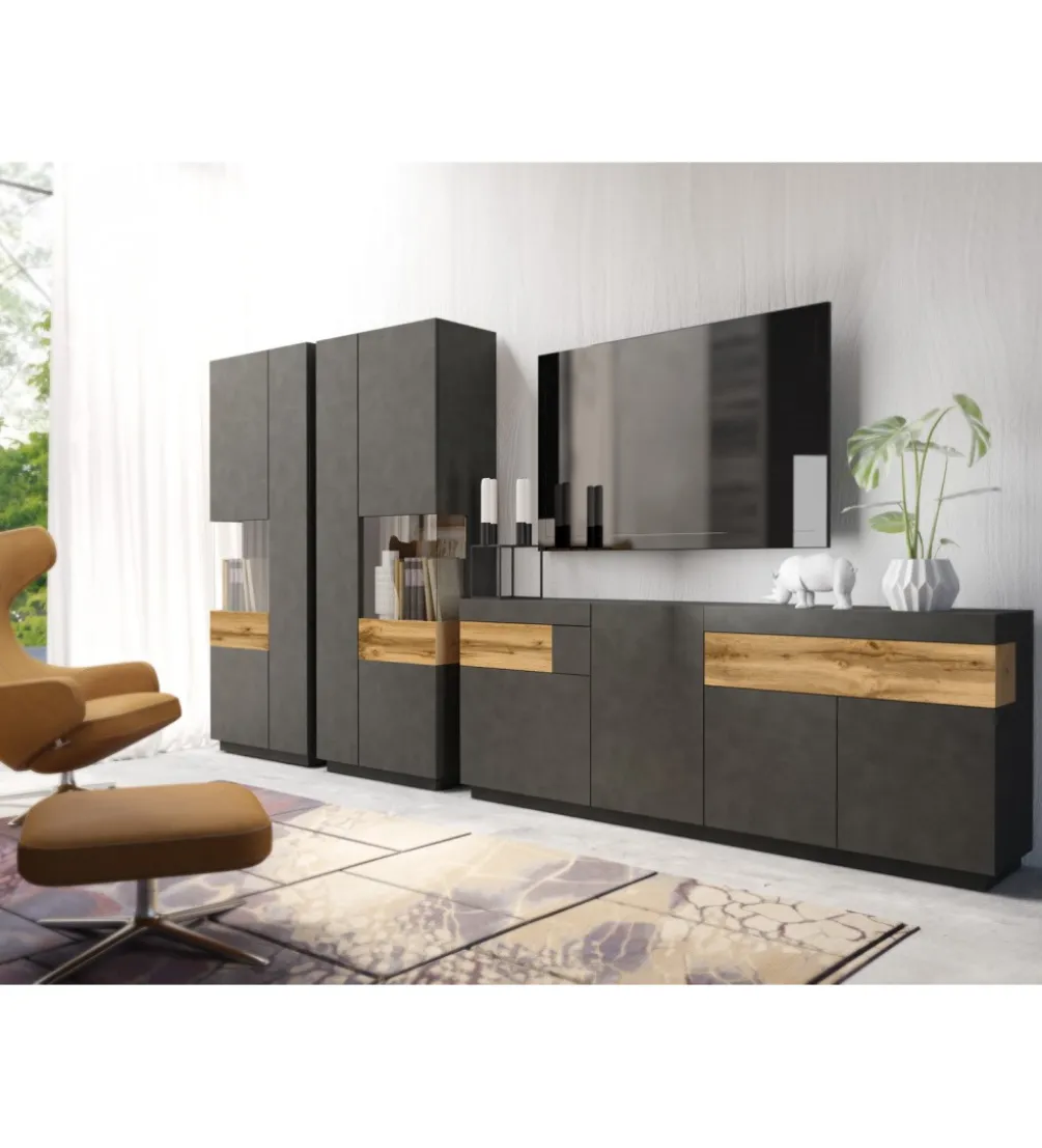 Komoda SILKE 150 Cm Antracytowa z dodatkiem koloru Dąb Wotan