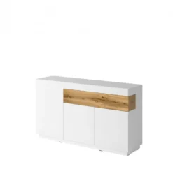 Komoda SILKE 150 cm biała z dodatkiem koloru dąb Wotan