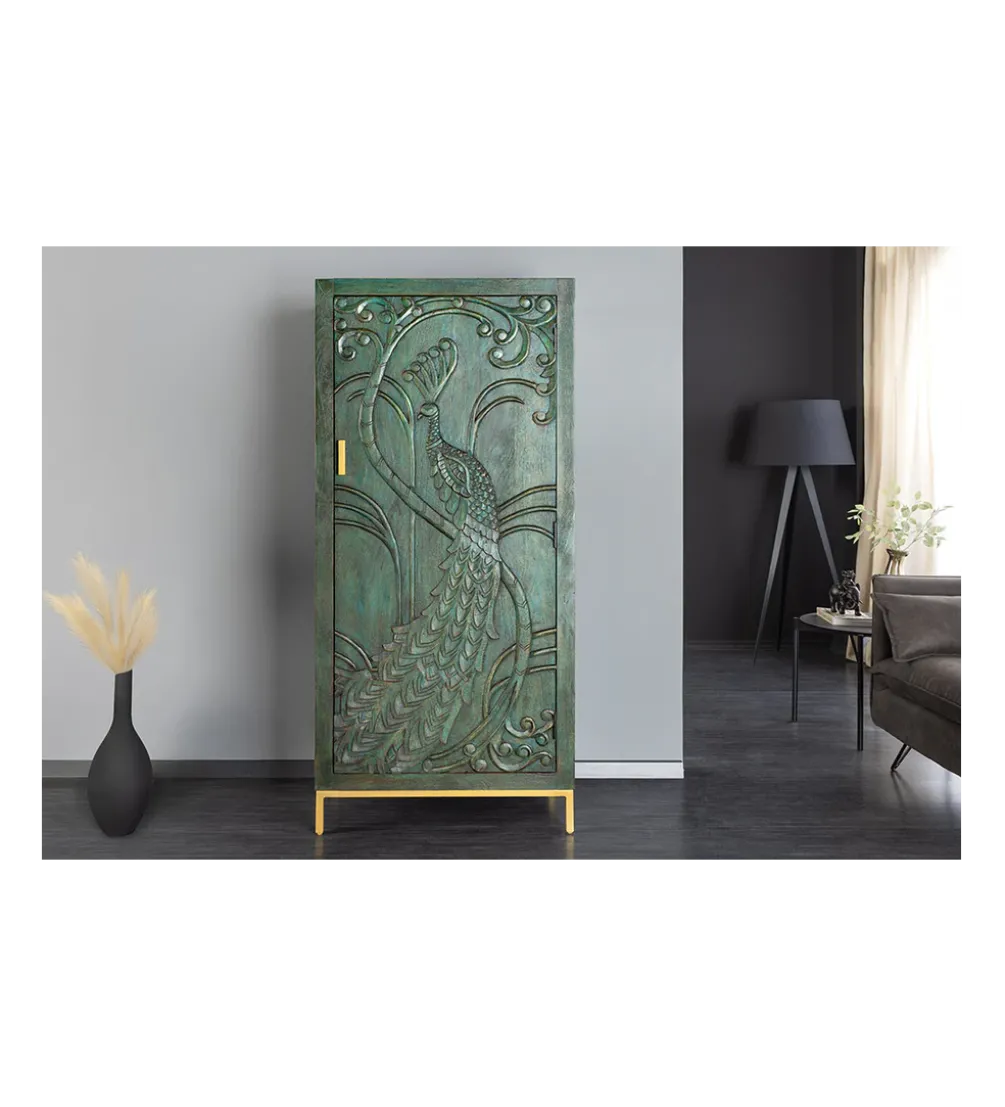 Komoda wysoka 3D PEACOCK 170 cm drewno mango antyczna zieleń
