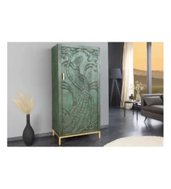 Komoda wysoka 3D PEACOCK 170 cm drewno mango antyczna zieleń