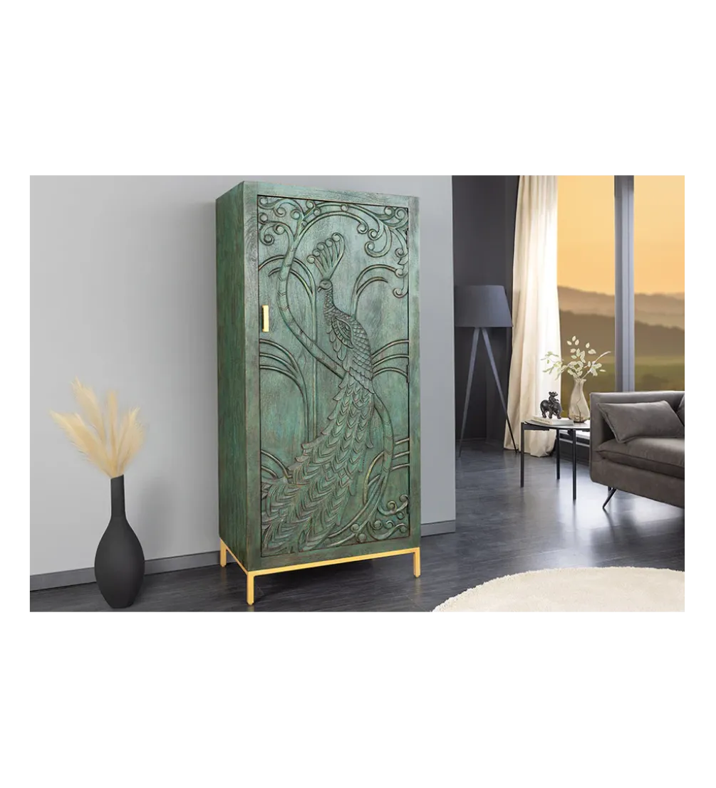 Komoda wysoka 3D PEACOCK 170 cm drewno mango antyczna zieleń