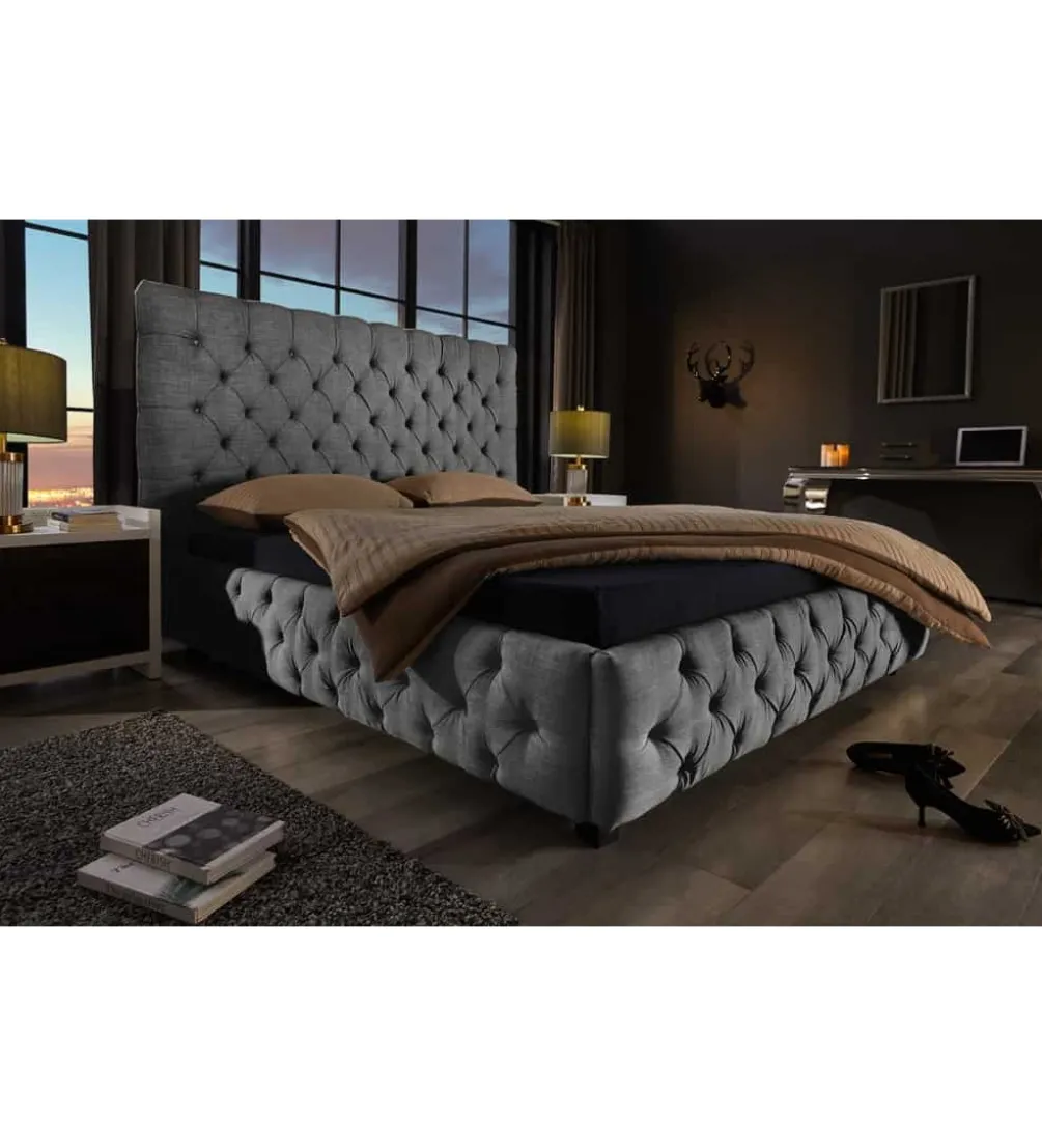 Łóżko tapicerowane PARIS CHESTERFIELD 180 cm x 200 cm Szare lniane