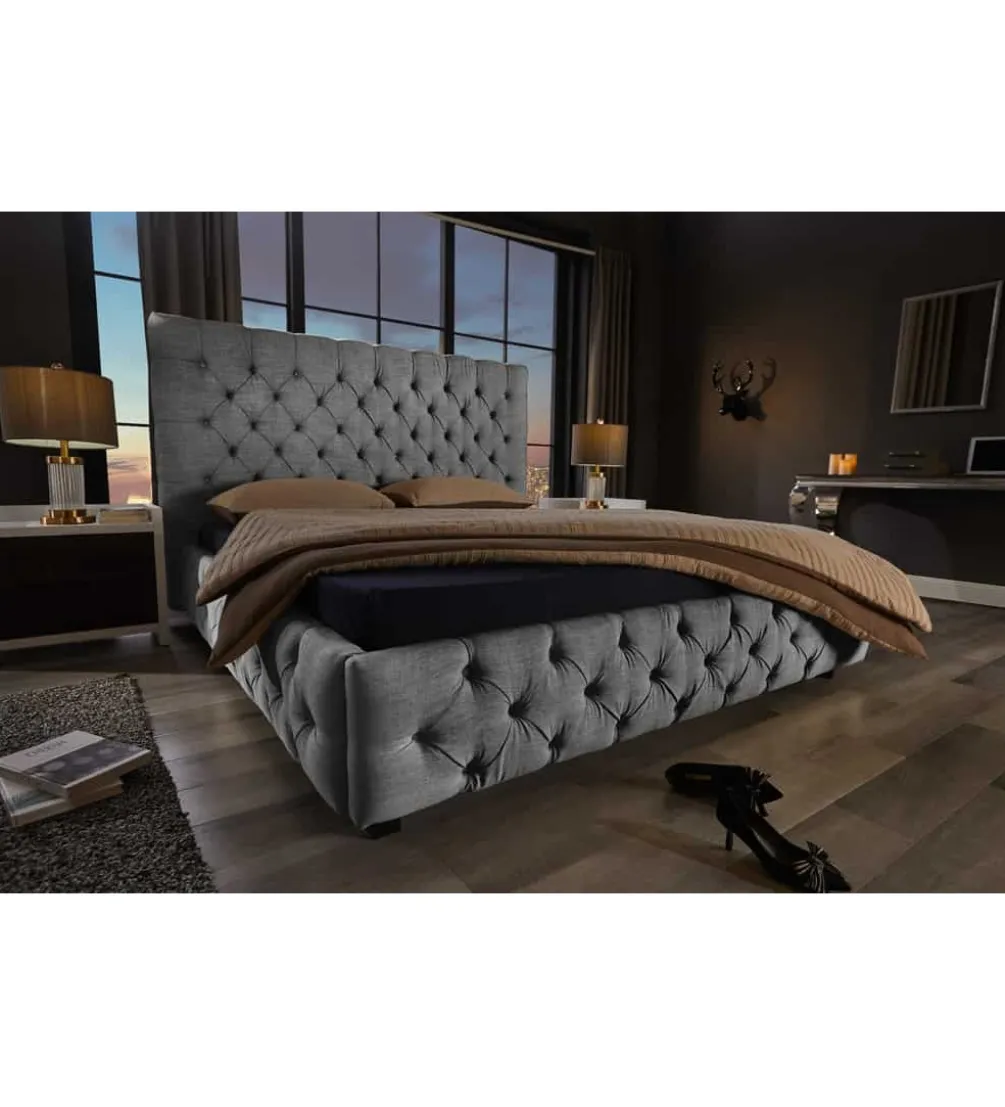 Łóżko tapicerowane PARIS CHESTERFIELD 180 cm x 200 cm Szare lniane