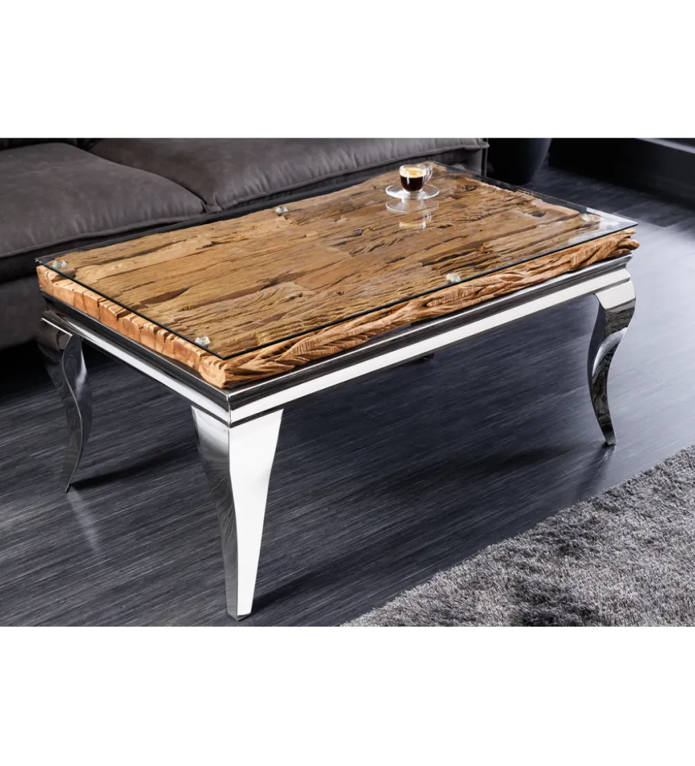 Stolik kawowy MODERN BAROCK BARRACUDA 100 cm chromowany szklany blat BEZ blatu tekowego