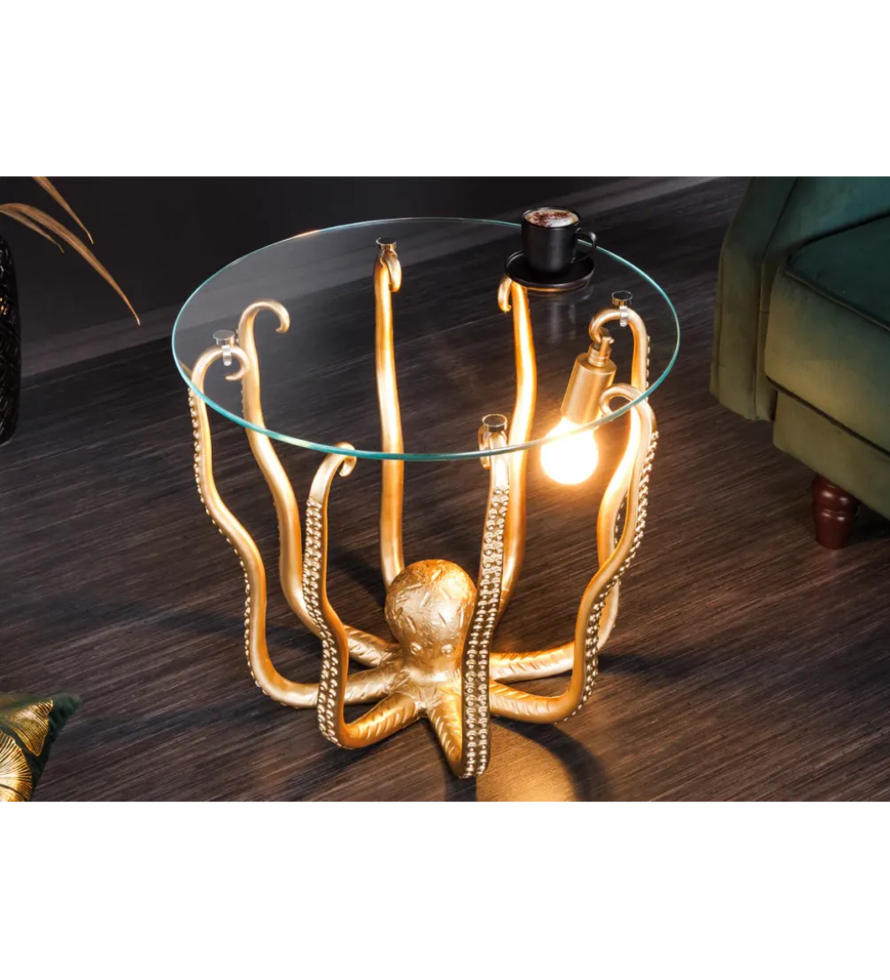 Stolik kawowy OCTOPUS 50 cm z lampą złoty