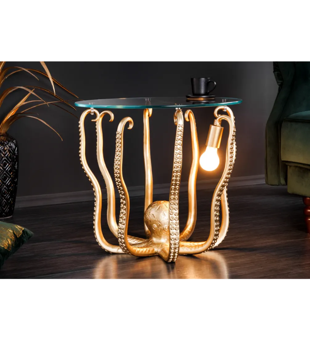 Stolik kawowy OCTOPUS 50 cm z lampą złoty