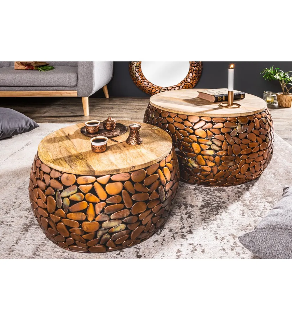 Stolik kawowy STONE MOSAIC set 2 drewno akacja