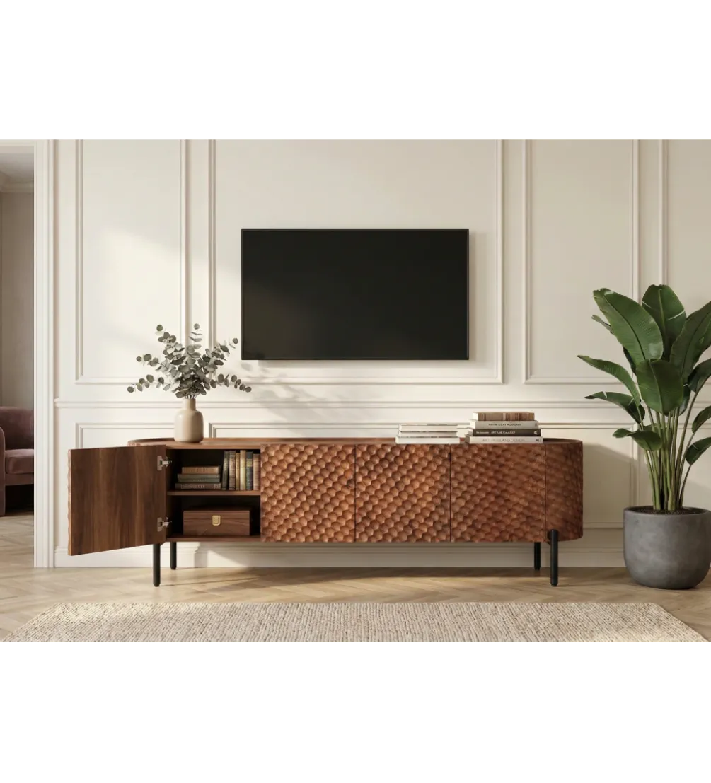 Stolik pod TV ADLON 200 cm drewno mango wzór 3D