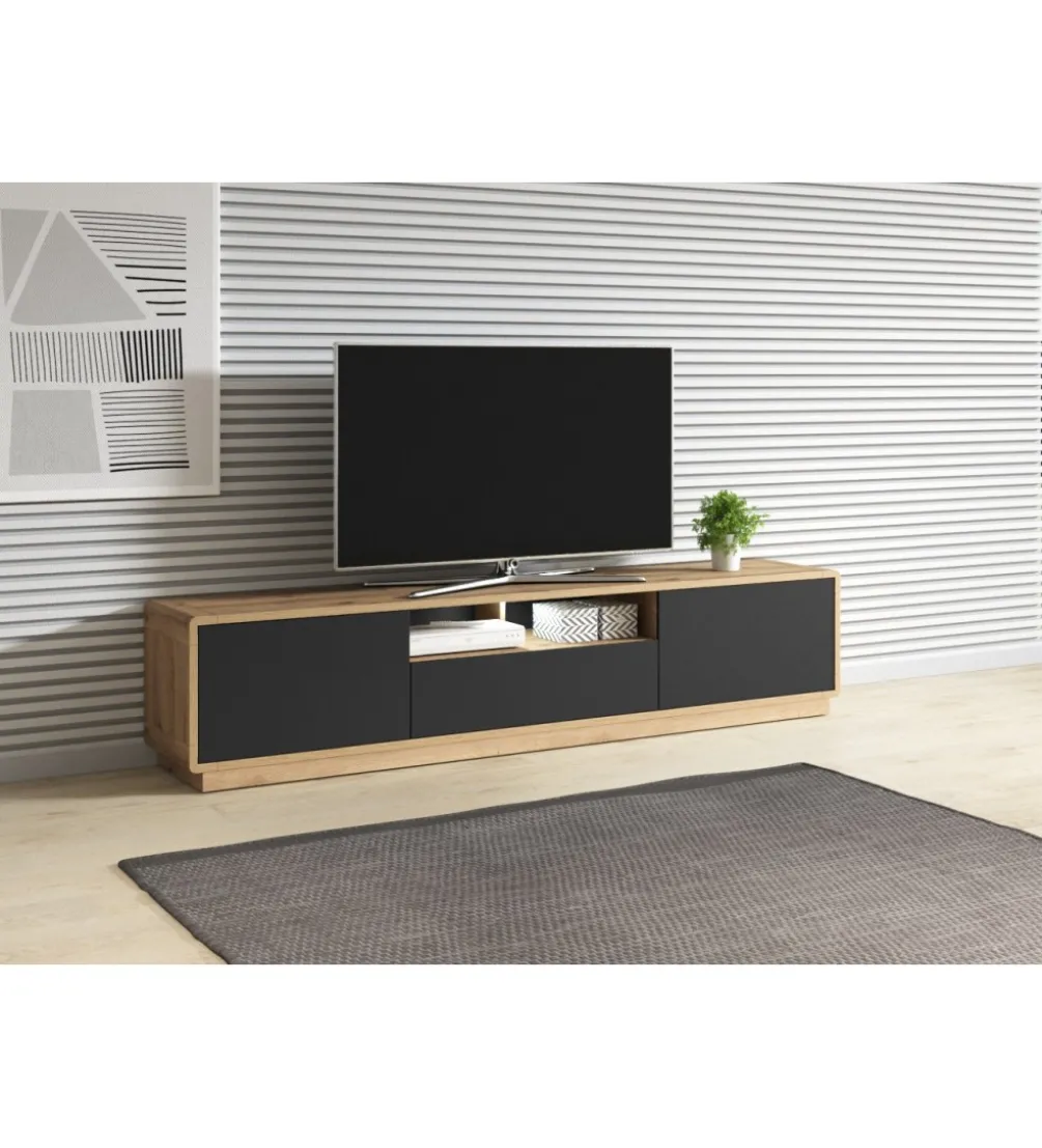 Stolik pod TV ASTON 200 cm czarny z dodatkiem koloru dąb Taurus