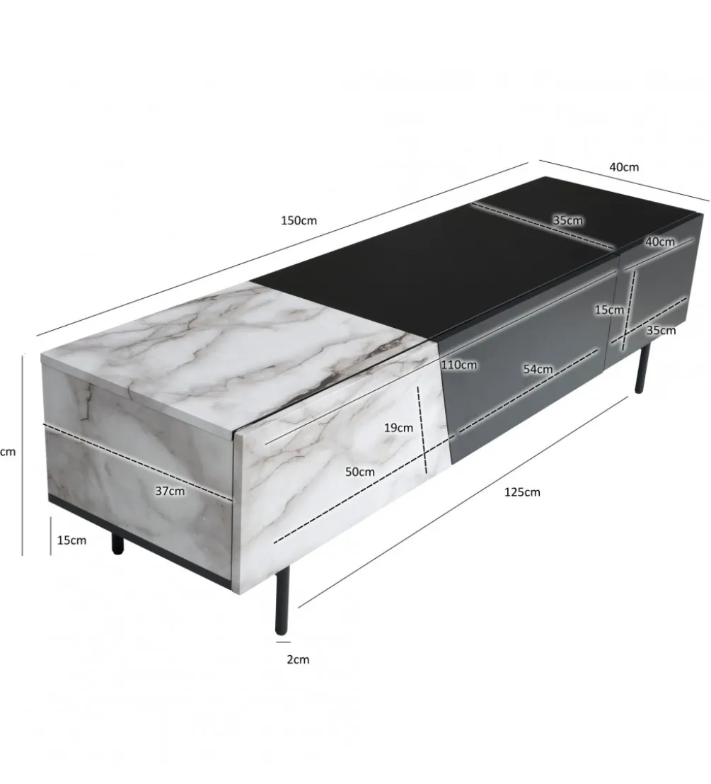 Stolik pod TV BONNA 150 cm czarna z optyką białego marmuru