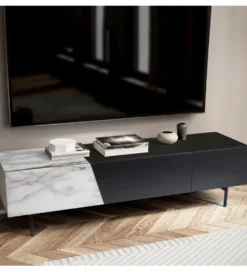 Stolik pod TV BONNA 150 cm czarna z optyką białego marmuru