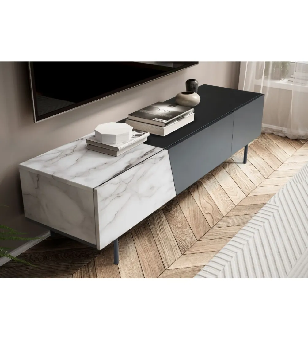 Stolik pod TV BONNA 150 cm czarna z optyką białego marmuru