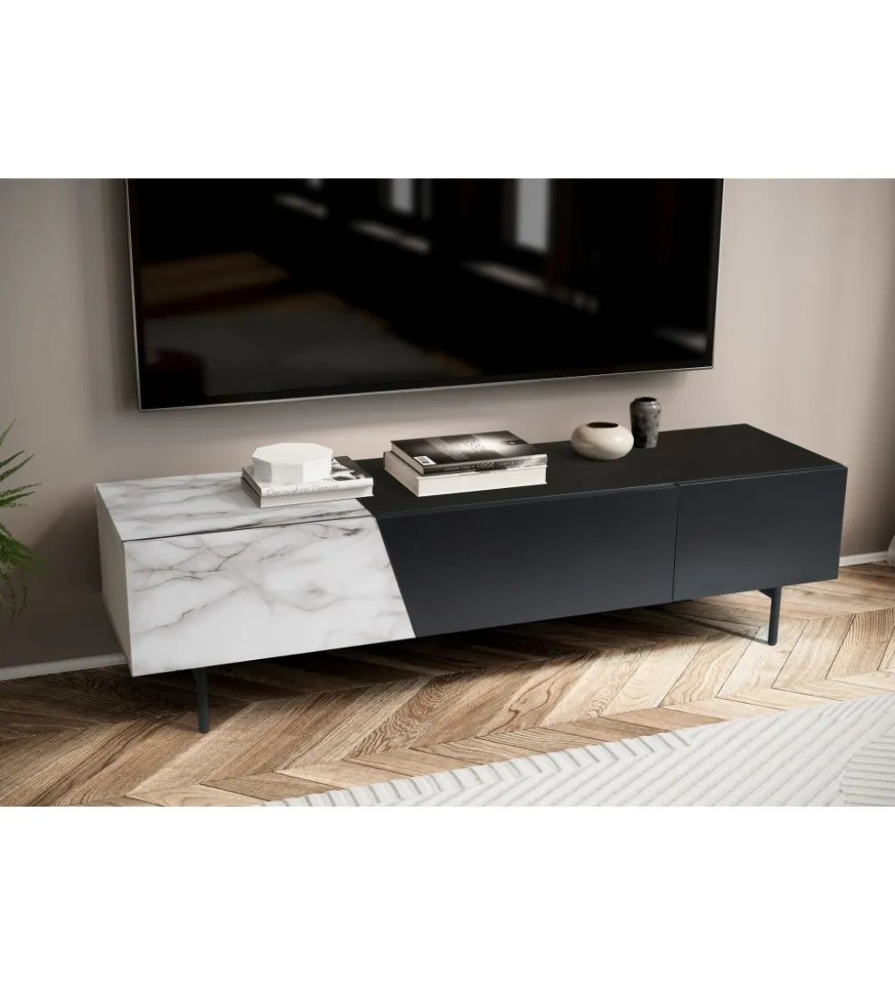 Stolik pod TV BONNA 150 cm czarna z optyką białego marmuru