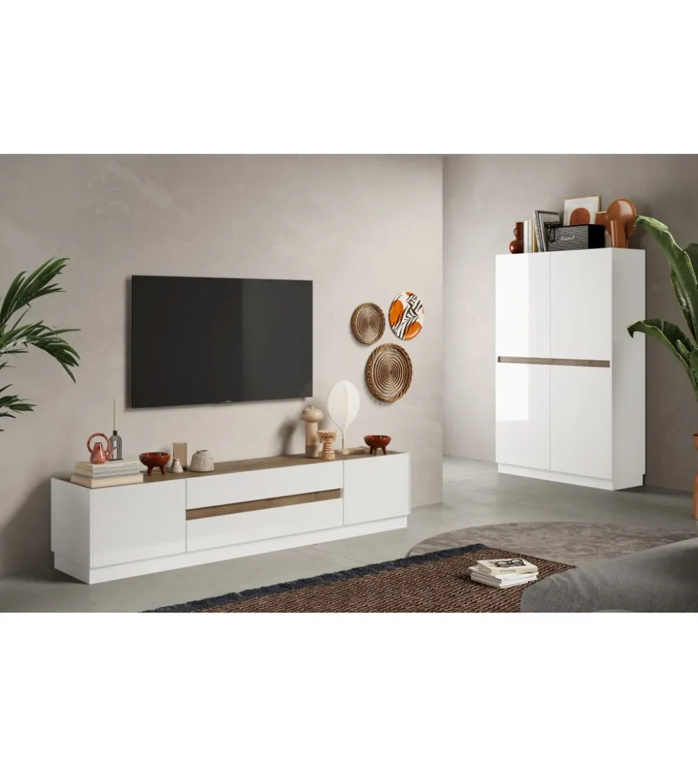 Stolik pod TV FANTASY 205 cm biały z dodatkiem koloru dąb Mercure
