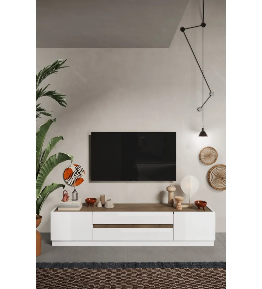 Stolik pod TV FANTASY 205 cm biały z dodatkiem koloru dąb Mercure