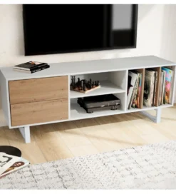 Stolik pod TV GRASSE 150 cm biały z dodatkiem koloru dębowego