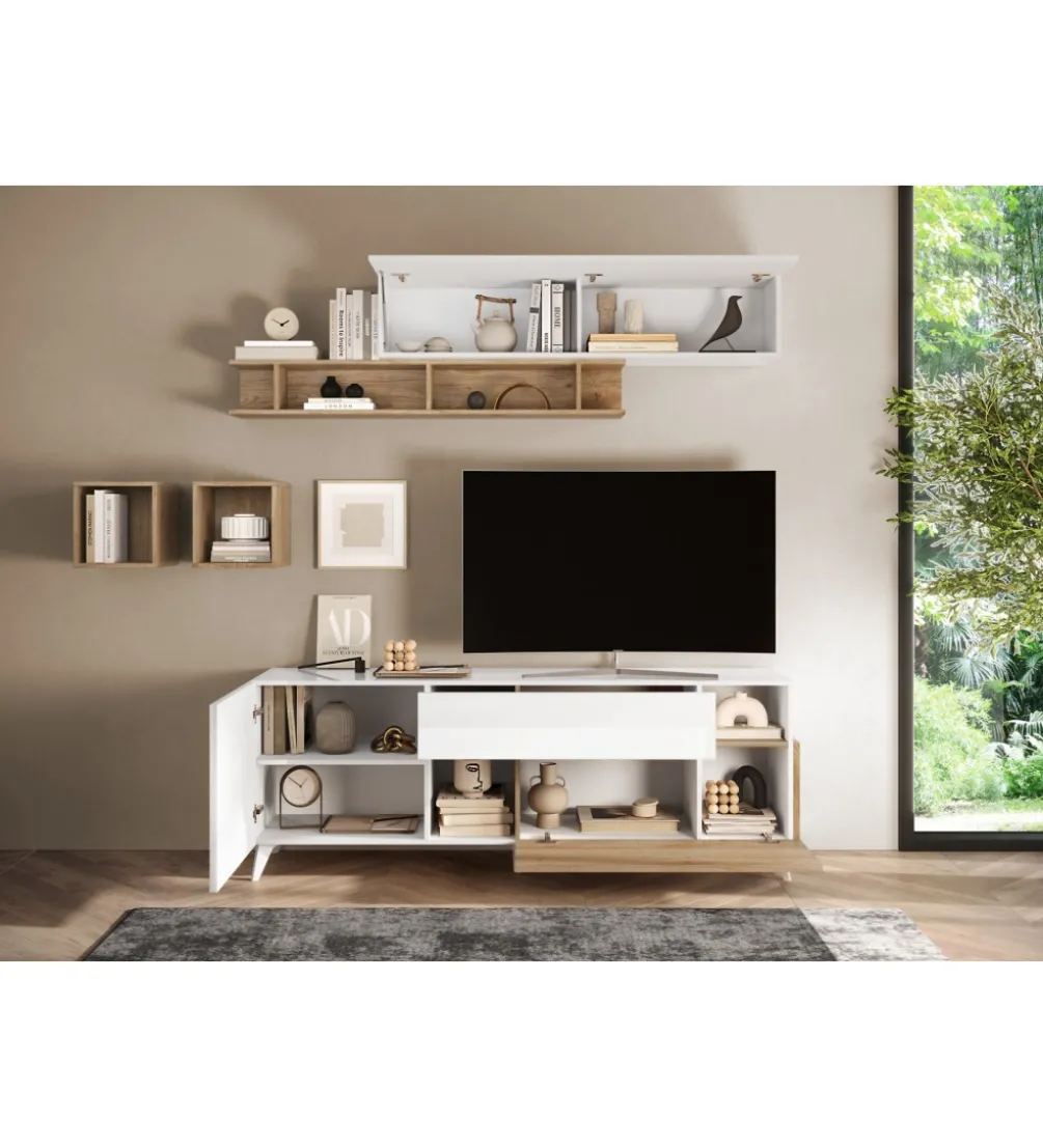 Stolik pod TV MONACO 181 cm biały z dodatkiem dąb Cadiz
