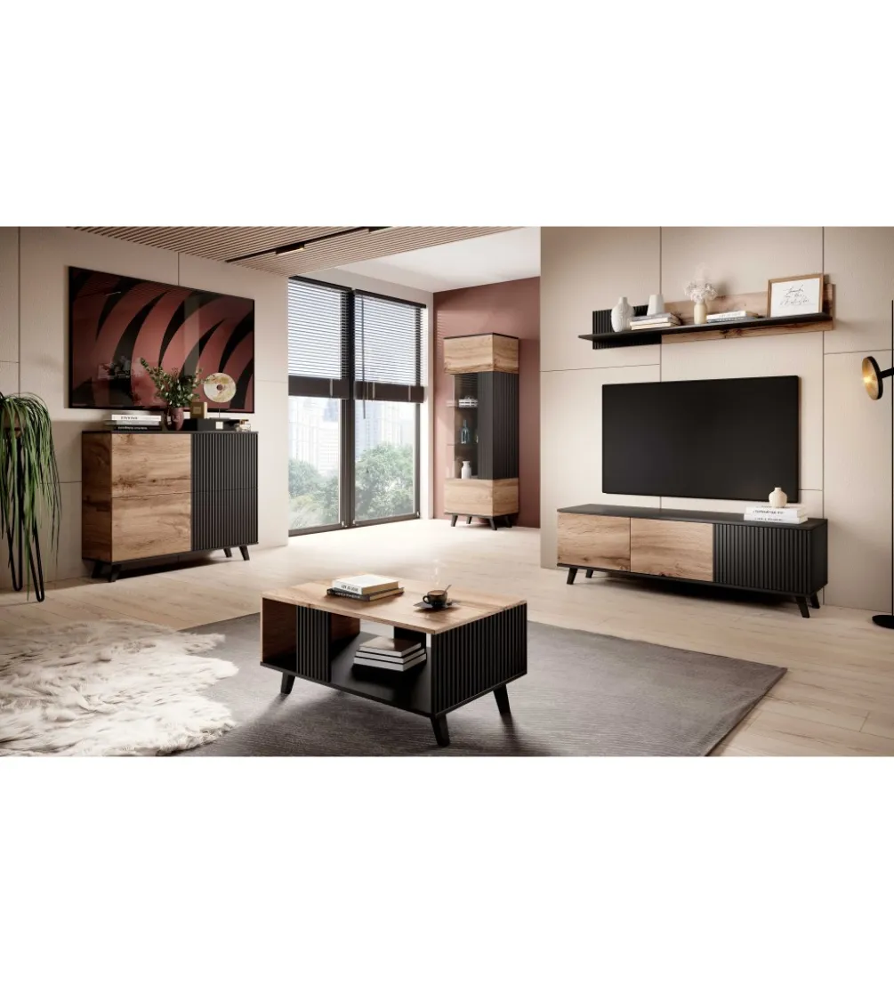 Stolik pod TV RANDOM 180 cm w kolorze dąb wotan z kolorem czarnym