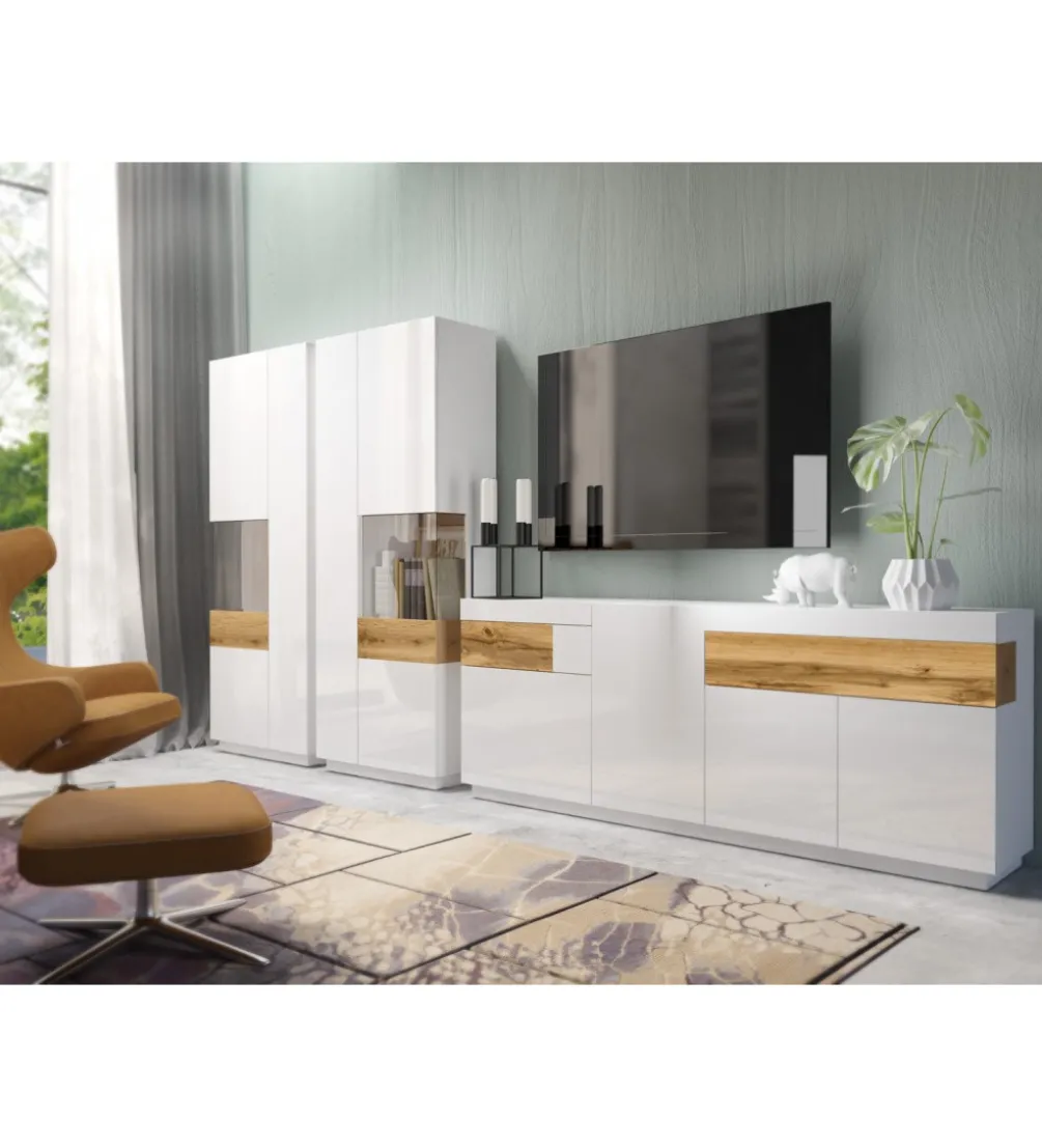Stolik pod TV SILKE 160 cm biały z dodatkiem koloru Dąb Wotan