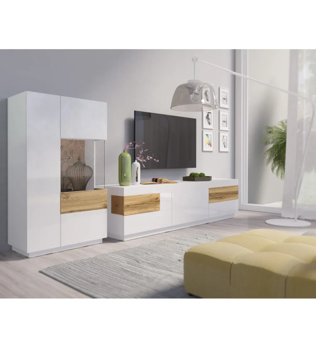 Stolik pod TV SILKE 160 cm biały z dodatkiem koloru Dąb Wotan