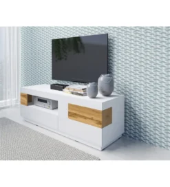 Stolik pod TV SILKE 160 cm biały z dodatkiem koloru Dąb Wotan