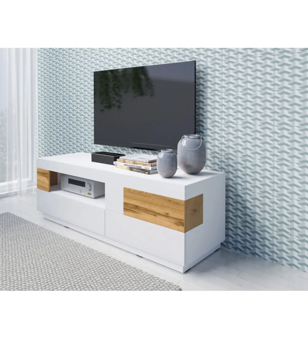 Stolik pod TV SILKE 160 cm biały z dodatkiem koloru Dąb Wotan
