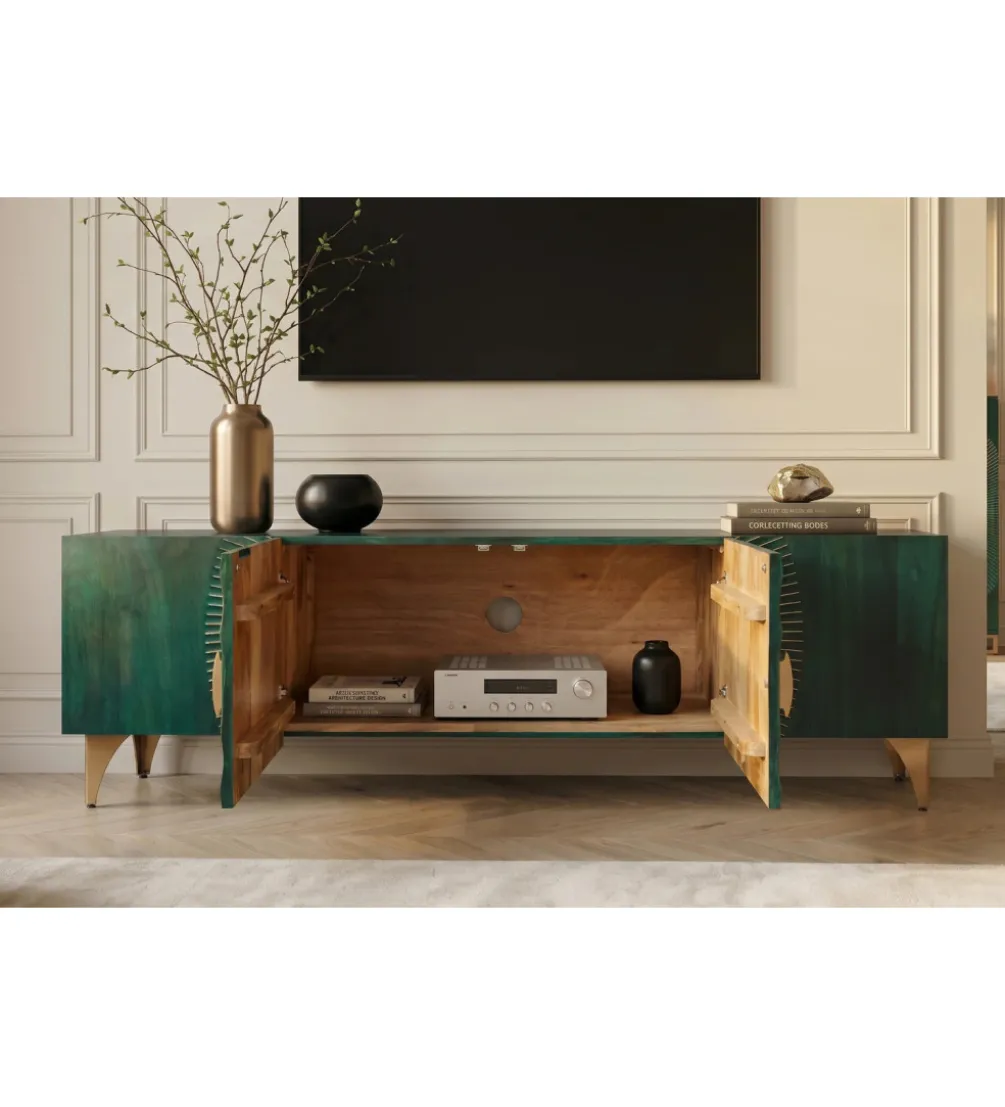Stolik pod TV SWEET GOLDEN SUNSET 180 cm drewno mango turkusowa