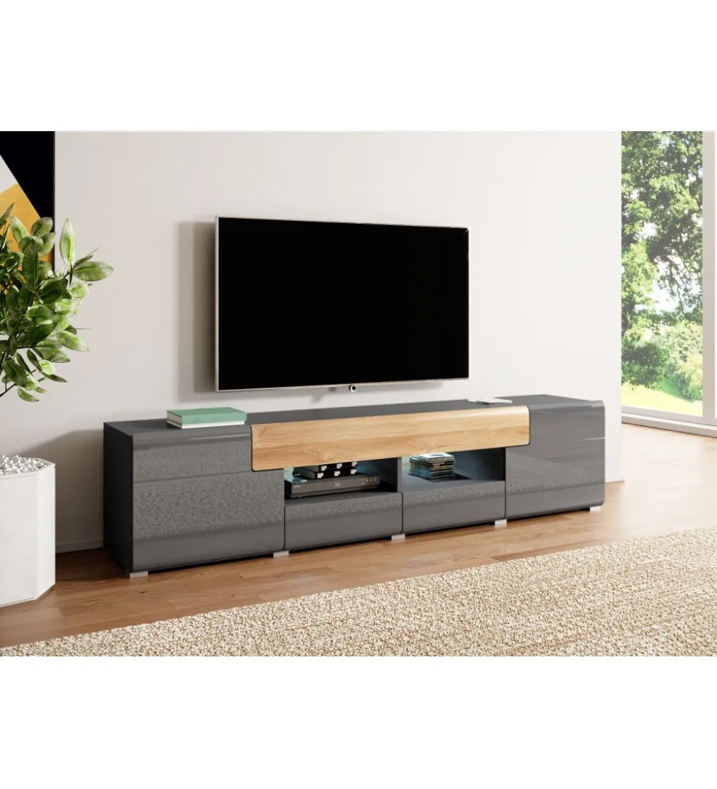 Stolik pod Tv TOLEDO 208 cm antracytowy z dodatkiem koloru dąb grandson