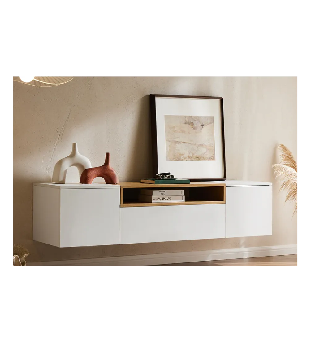 Stolik pod TV wiszący LOFT 160 cm biało naturalna