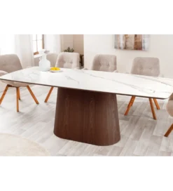 Stół UNIQUE 200 cm drewno orzechowe blat ceramika w optyce białego marmuru