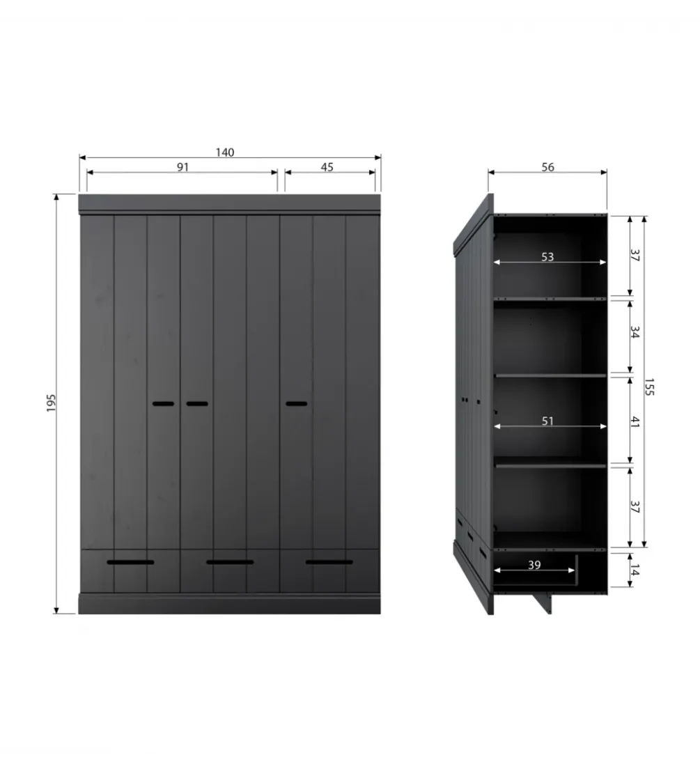 Szafa DRAWER 195 x 140 cm drewno sosna czarna