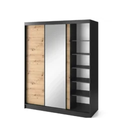 Szafa przesuwna Esville III z lustrem 180 cm w optyce Dąb artisan/Czarny mat
