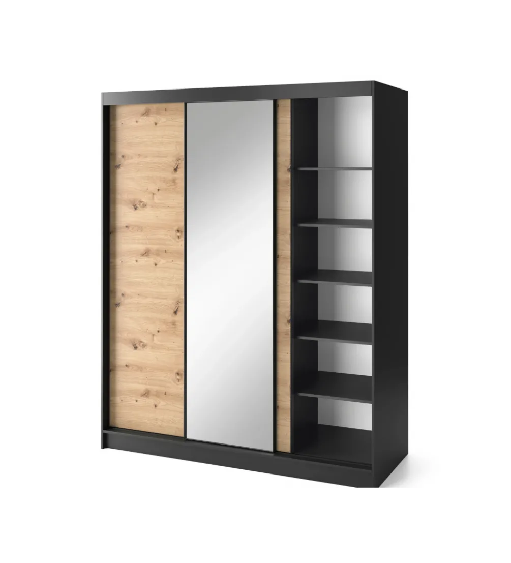 Szafa przesuwna Esville III z lustrem 180 cm w optyce Dąb artisan/Czarny mat