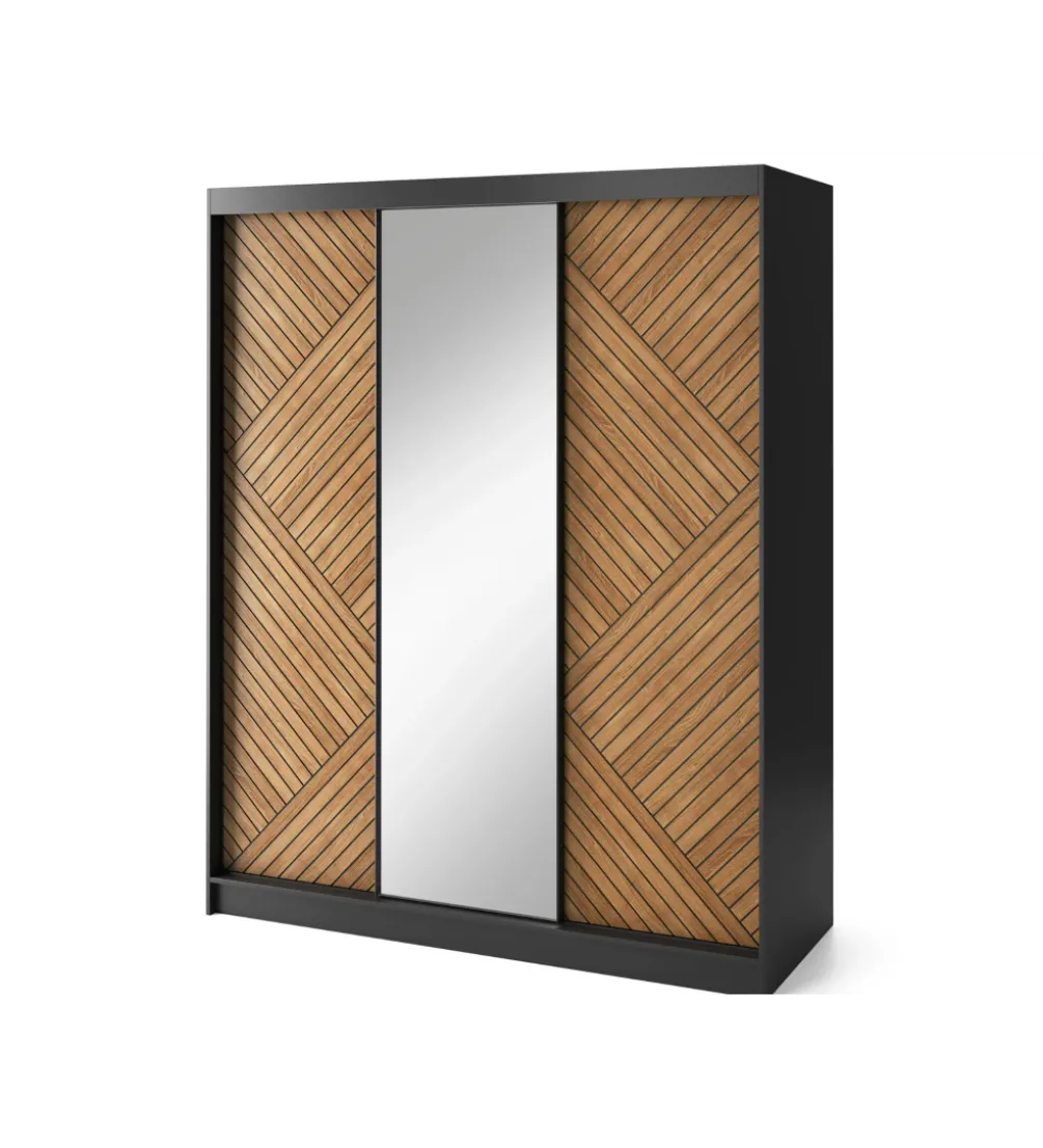 Szafa przesuwna Marrphy III z lustrem 180 cm czarny/dąb caramel