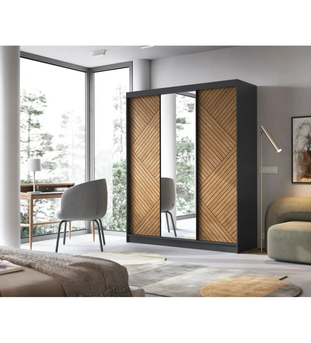 Szafa przesuwna Marrphy III z lustrem 180 cm czarny/dąb caramel