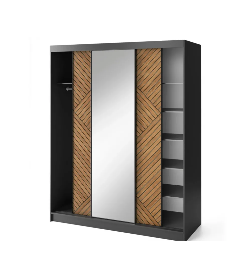 Szafa przesuwna Marrphy III z lustrem 180 cm czarny/dąb caramel