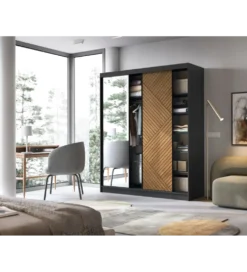 Szafa przesuwna Marrphy III z lustrem 180 cm czarny/dąb caramel
