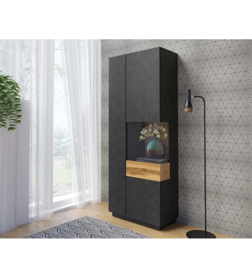 Witryna SILKE 80 Cm Antracytowa Z Dodatkiem Koloru Dąb Wotan