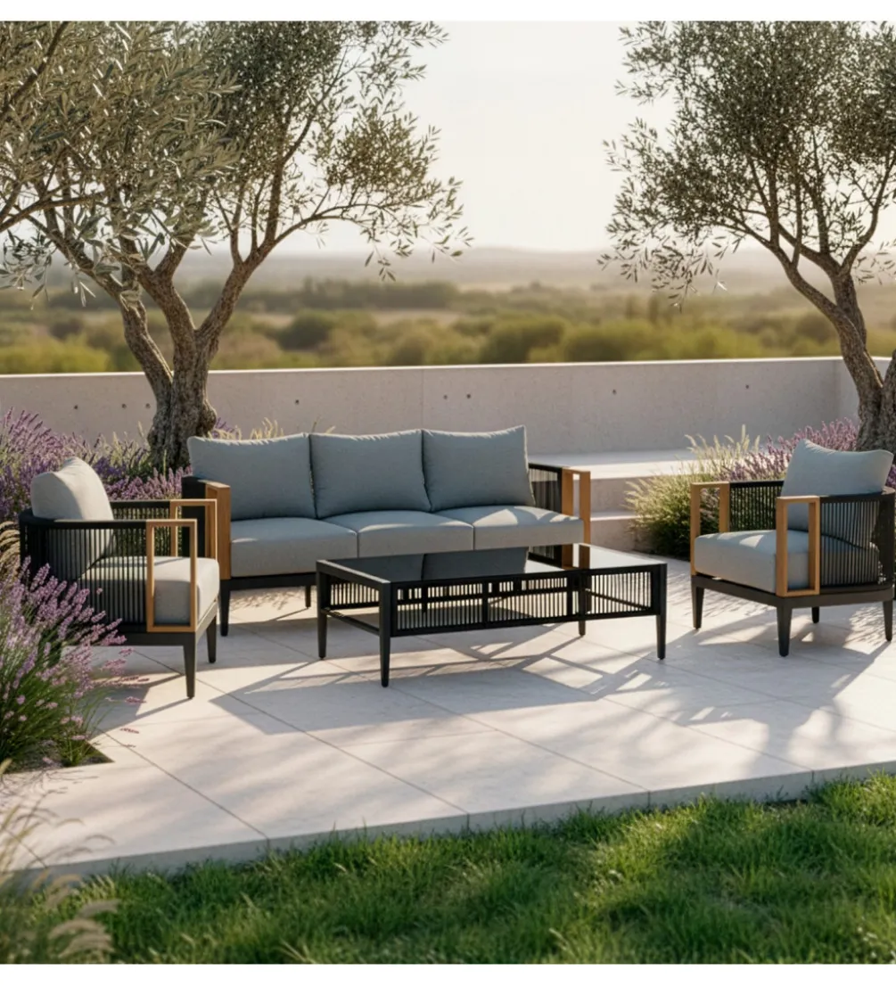 Zestaw ogrodowy TWOSOULME SOFA 198 cm dwa fotele 74 cm i stolik kawowy 128 cm